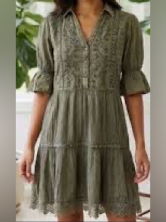 Young Threads Dresses & Skirts - Young Threads Olive 3/4 Sleeve Embroidered Dress, Size Medium. New With Tags.